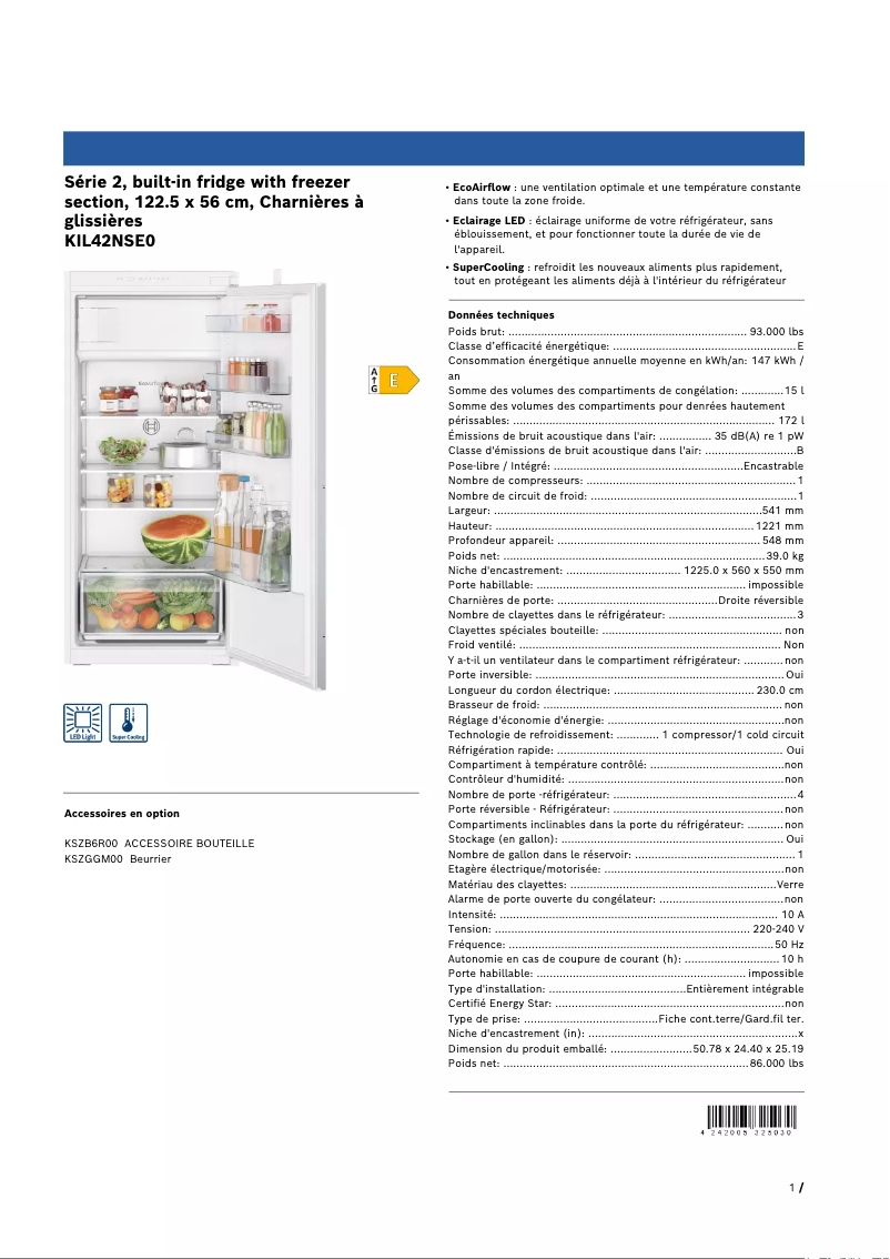 Page n°1 - Fiche technique Bosch KIL42NSE0