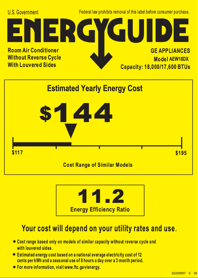 Page 1 de la notice Label énergétique GE AEW18DX