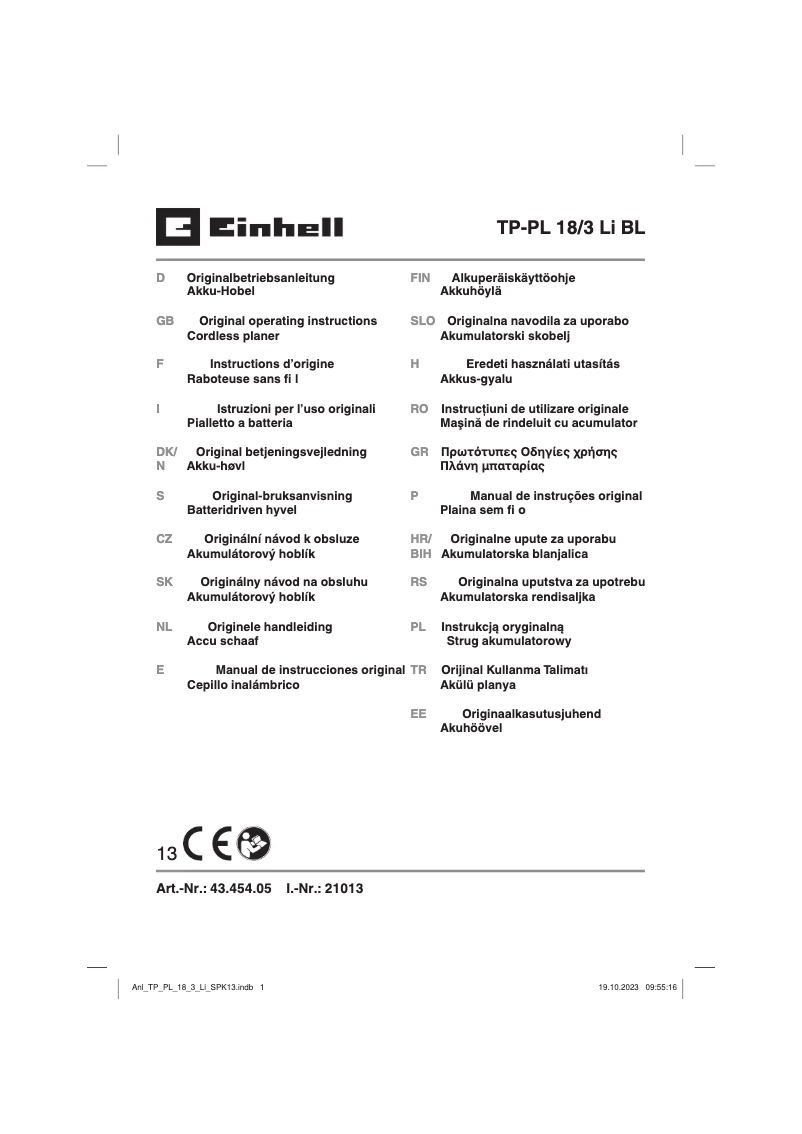 Page n°1 - Manuel utilisateur Einhell TP-PL 18/3 Li BL