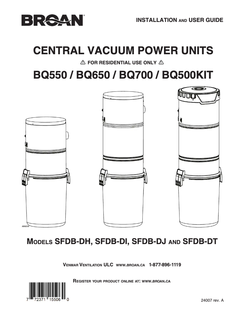 Page 1 de la notice Manuel utilisateur Broan BQ550