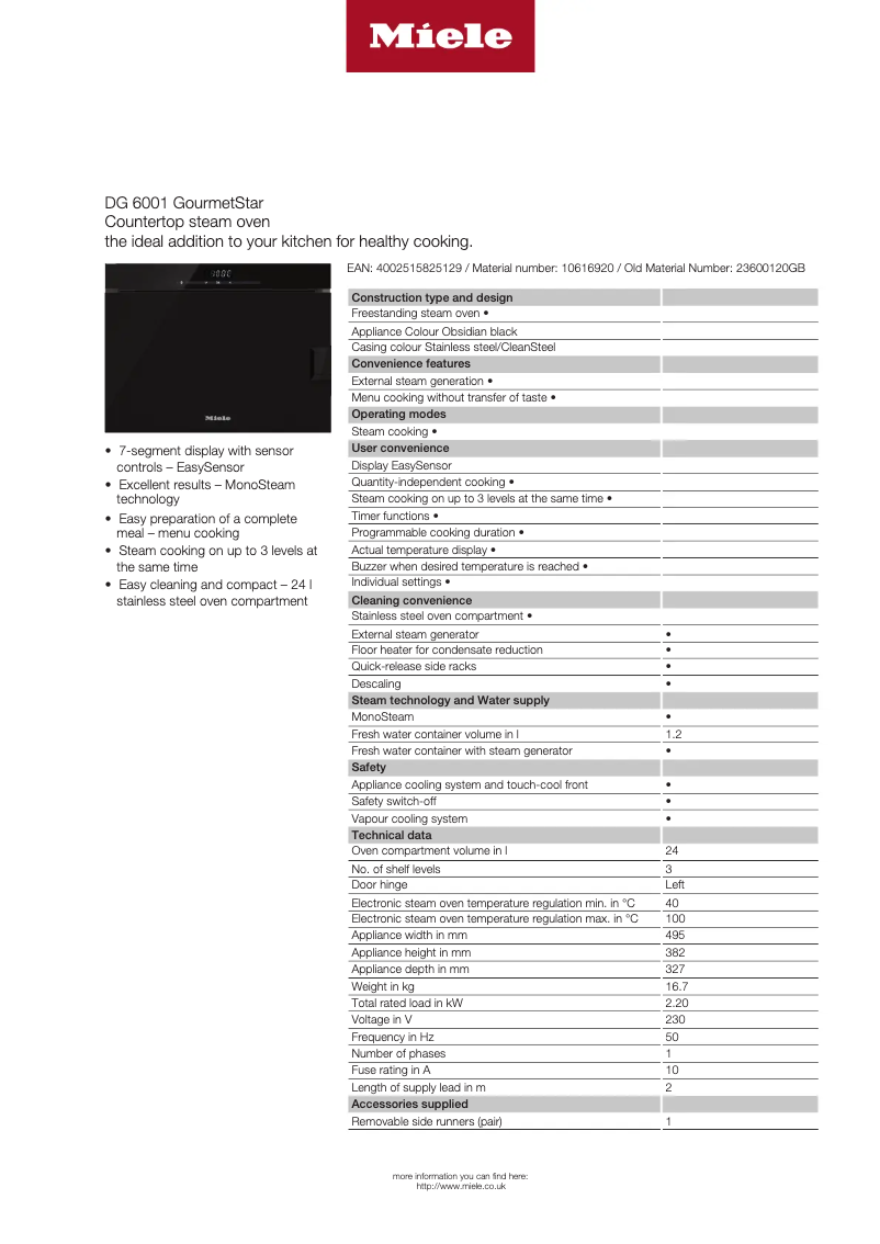 Page n°1 - Fiche technique Miele GourmetStar DG 6001