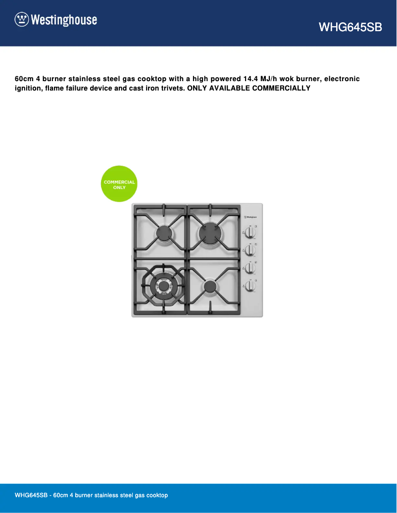 Page n°1 - Fiche technique Westinghouse WHG645SB