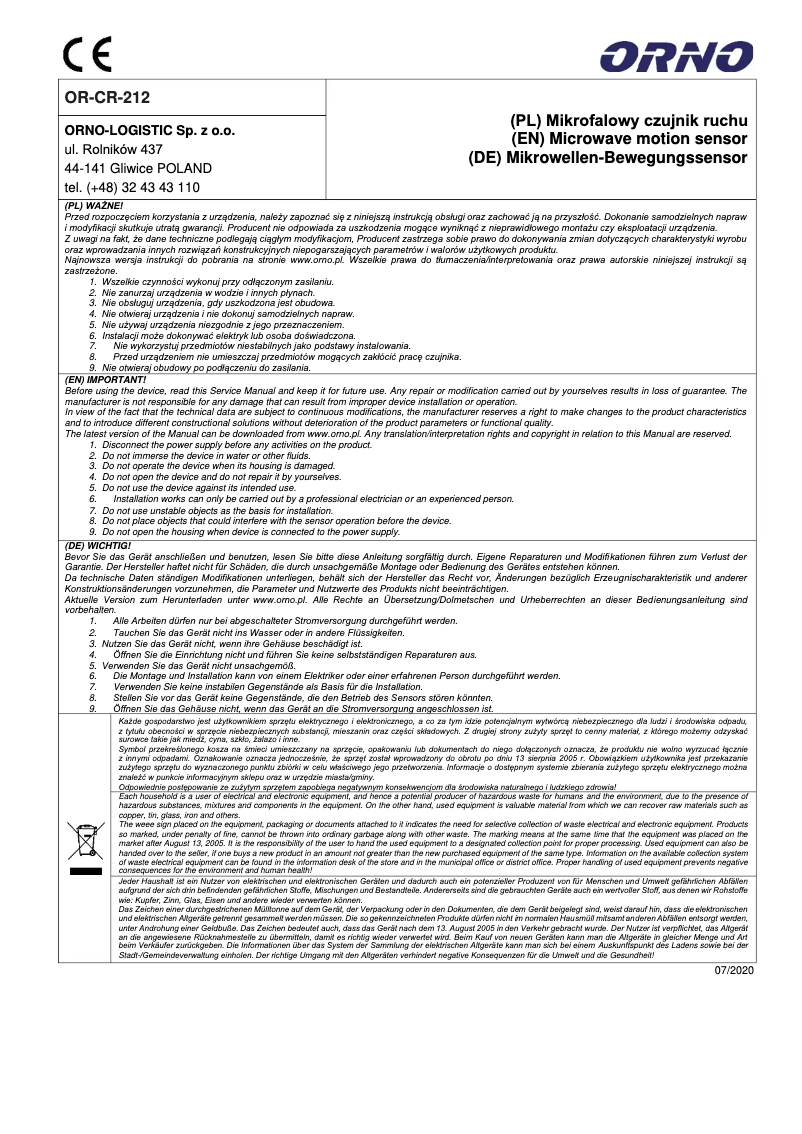 Page 1 de la notice Manuel utilisateur ORNO OR-CR-212