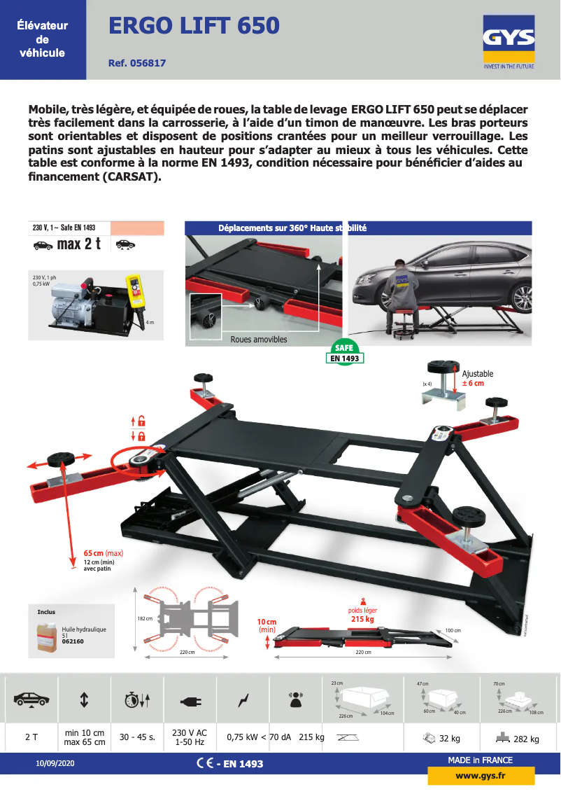 Página 1 del manual Ficha técnica GYS Ergo Lift 650