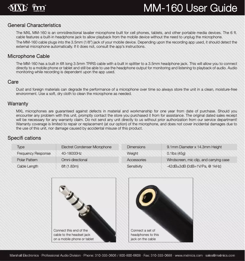 Page 1 de la notice Manuel utilisateur MXL MM-160