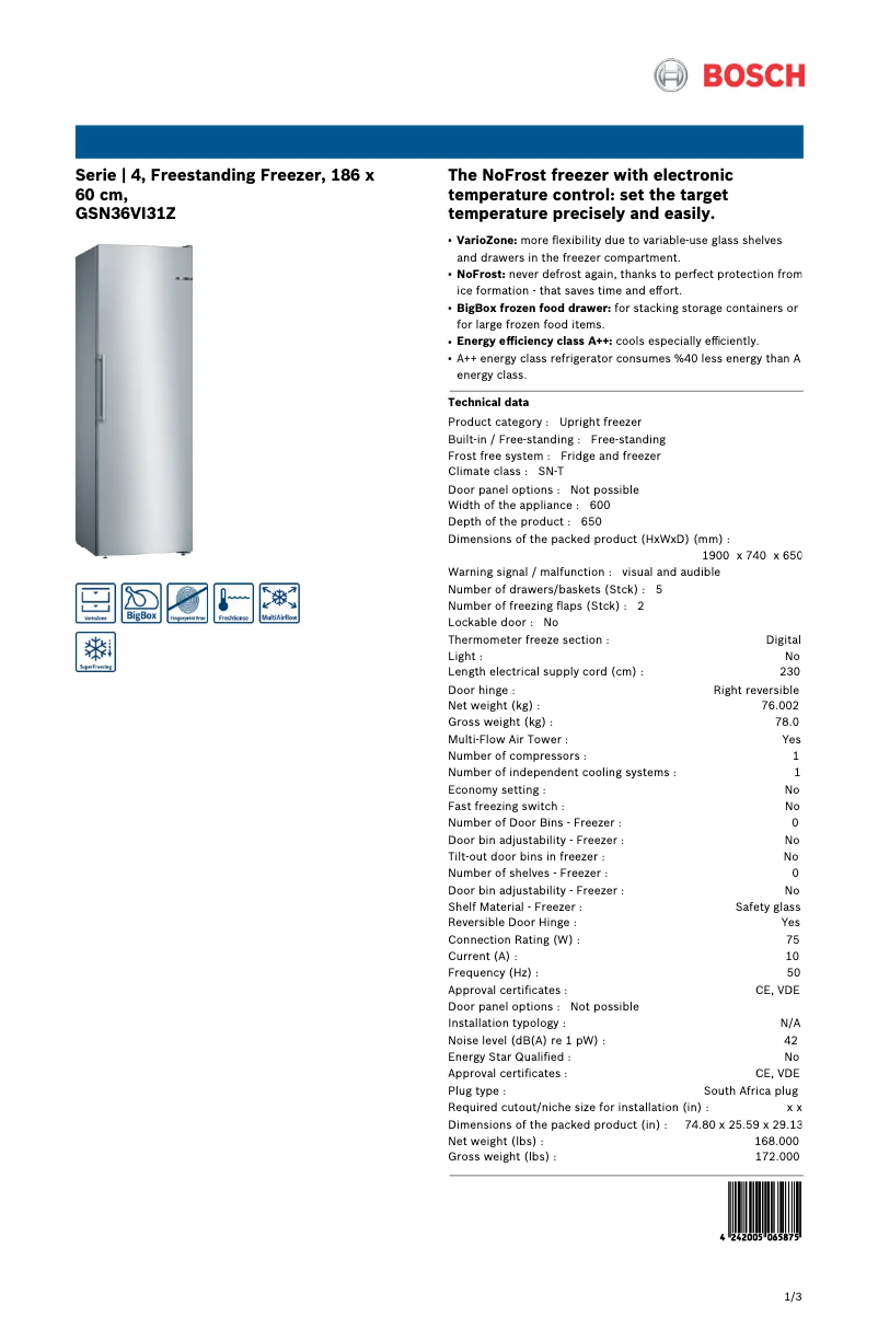 Page 1 of the manual Technical Sheet Bosch GSN36VI31Z
