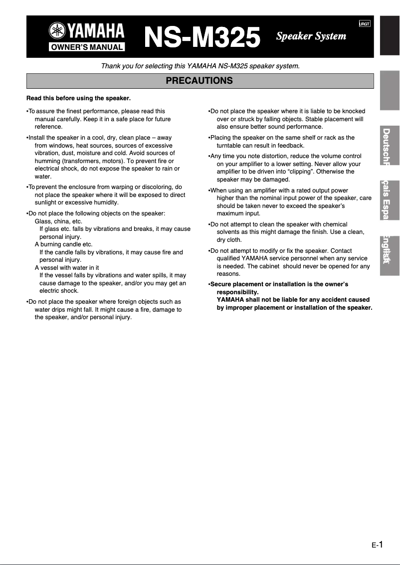 Page n°1 - Manuel utilisateur Yamaha NS-M325