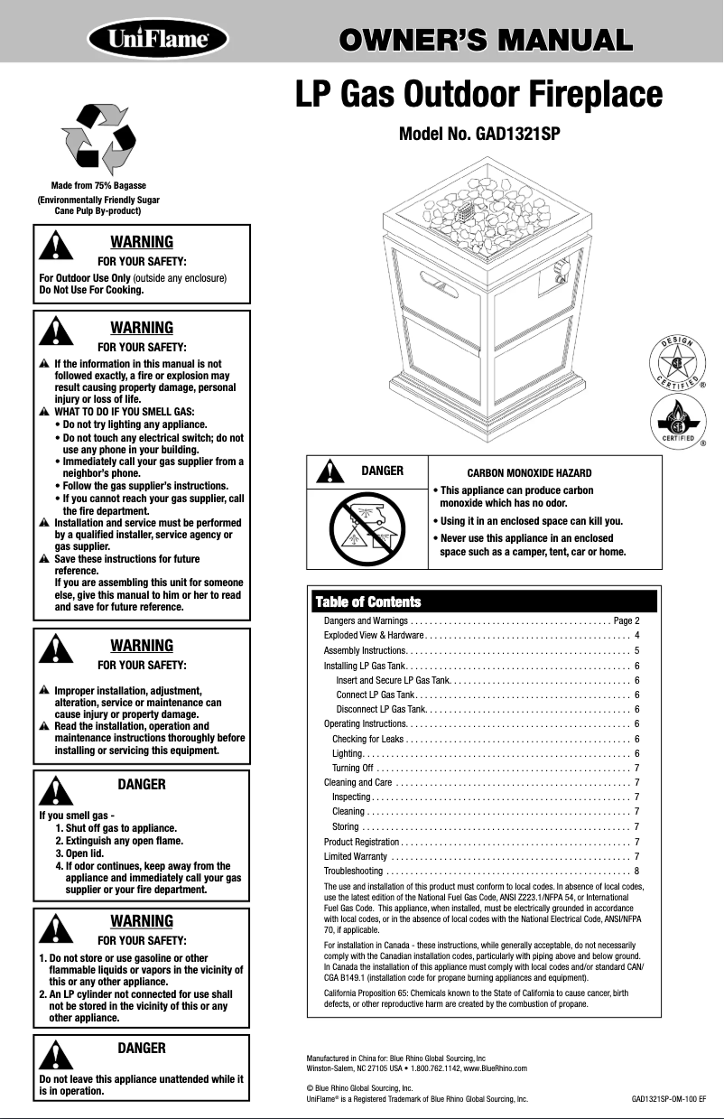 Page n°1 - Manuel utilisateur Blue Rhino GAD1321SP