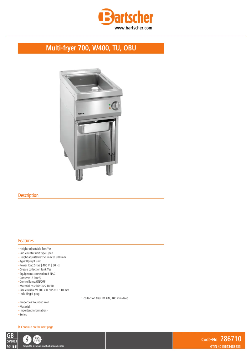 Page n°1 - Fiche technique Bartscher 286710