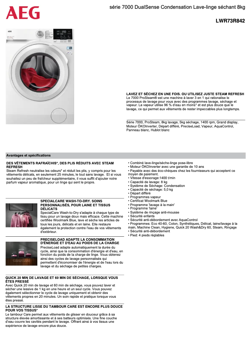 Page 1 de la notice Fiche technique AEG LWR73R842