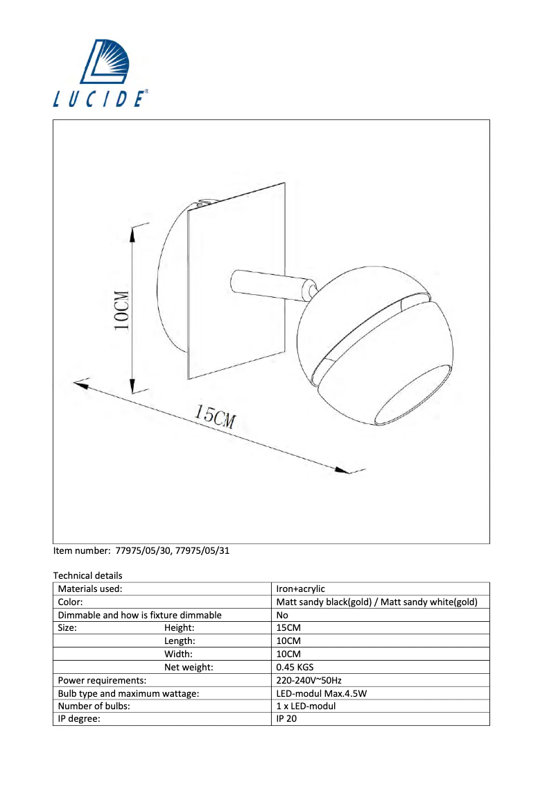 Page 1 de la notice Manuel utilisateur Lucide Binari 77975/05/31