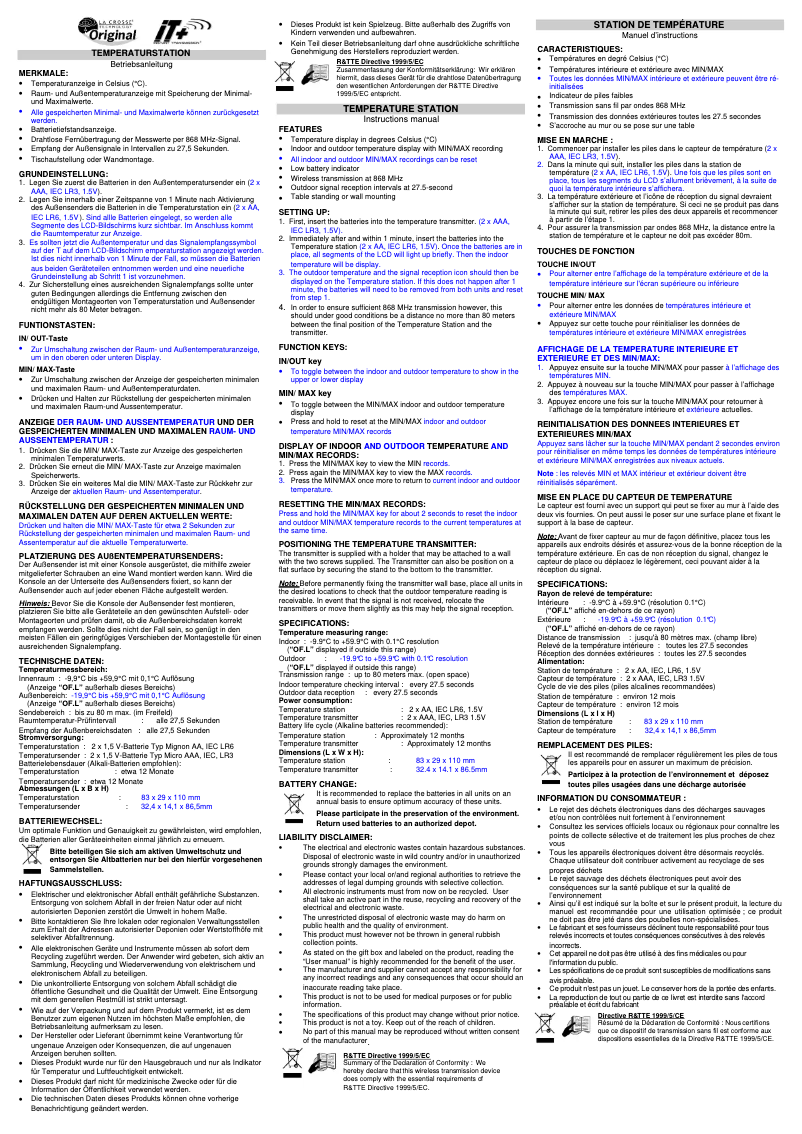 Page n°1 - Manuel utilisateur La Crosse Technology WS9009