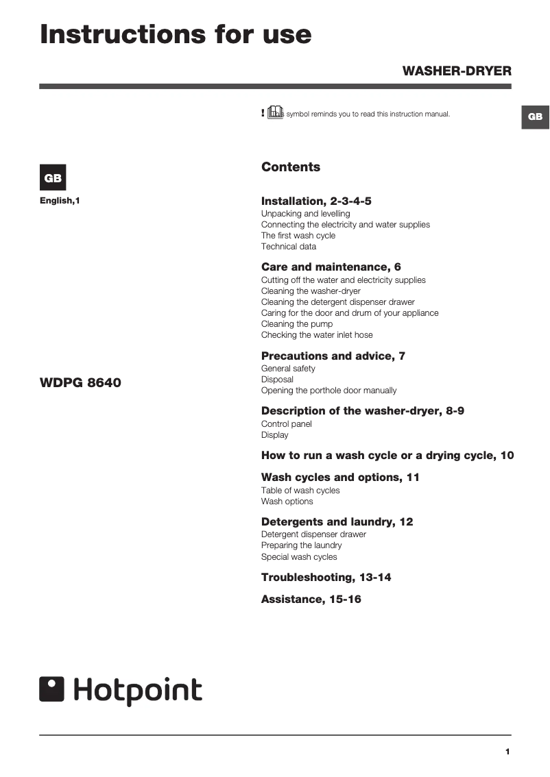 Page n°1 - Manuel utilisateur Hotpoint WDPG 8640K
