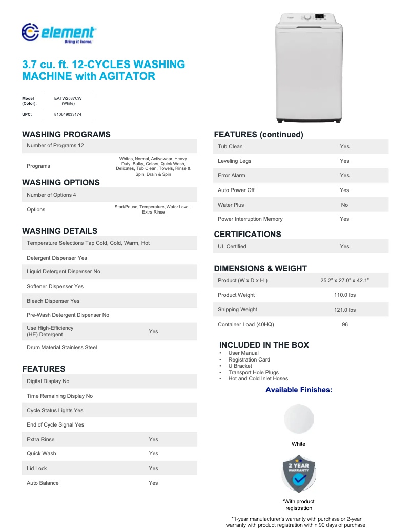 Page 1 de la notice Fiche technique Element EATW2537CW