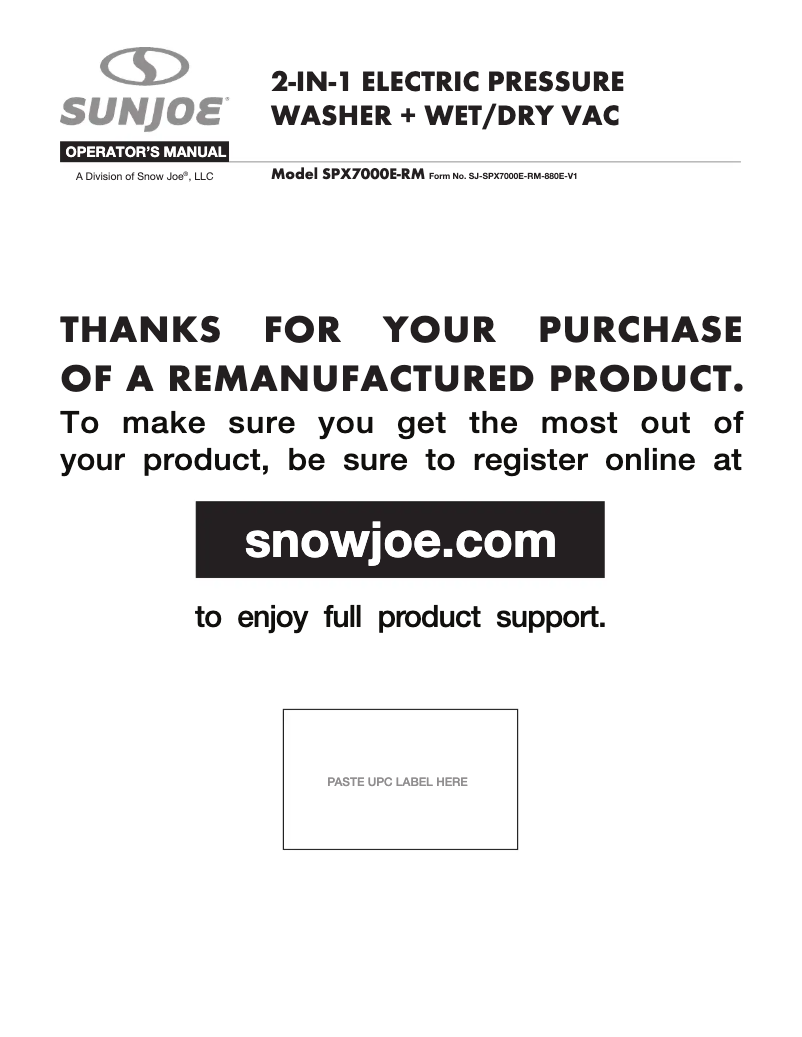 Page n°1 - Manuel utilisateur Sun Joe SPX7000E-RM