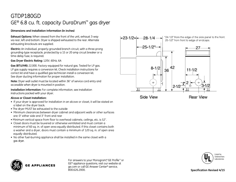 Page 1 de la notice Fiche technique GE GTDP180GDWW