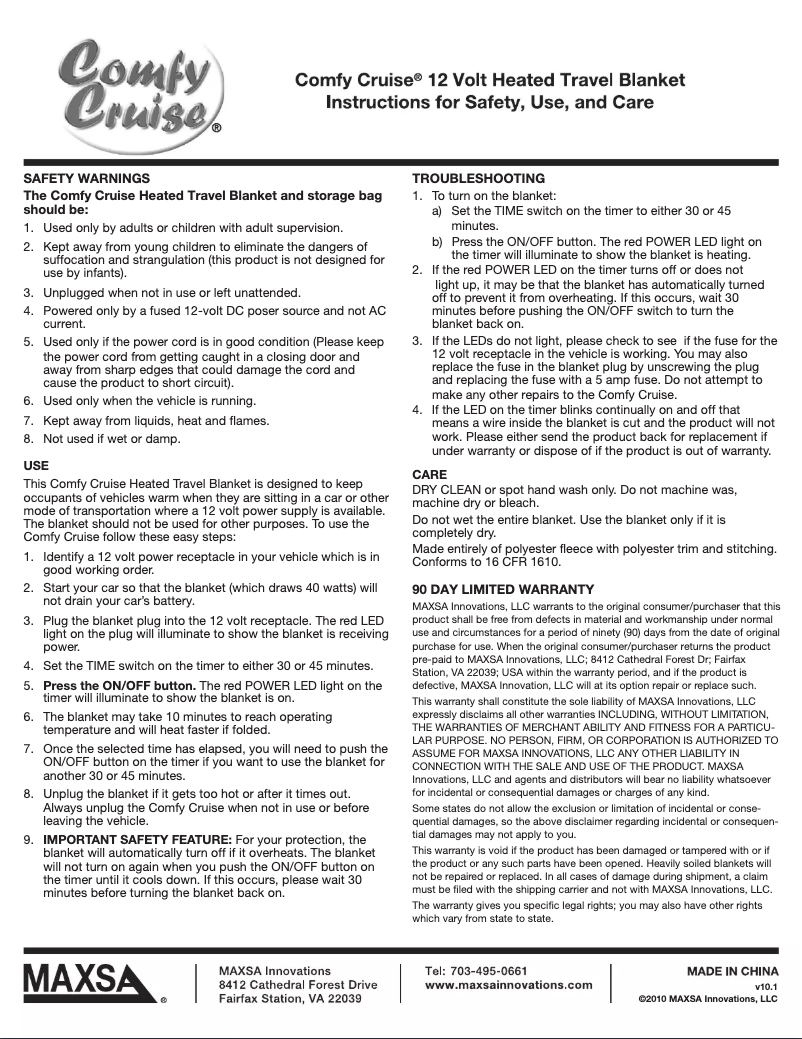 Page 1 de la notice Manuel utilisateur Maxsa Comfy Cruise 20013