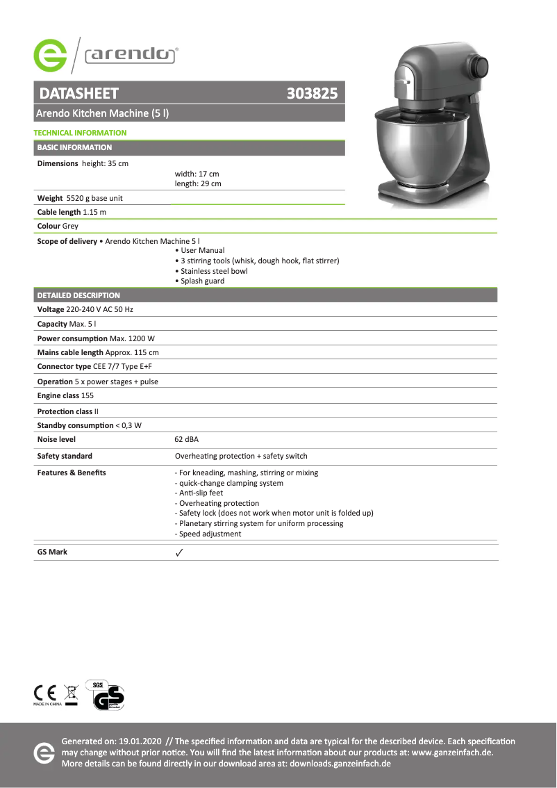 Page 1 de la notice Fiche technique Arendo 303825