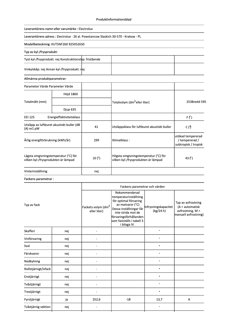 Page 1 de la notice Fiche technique Electrolux KUT5NF26X