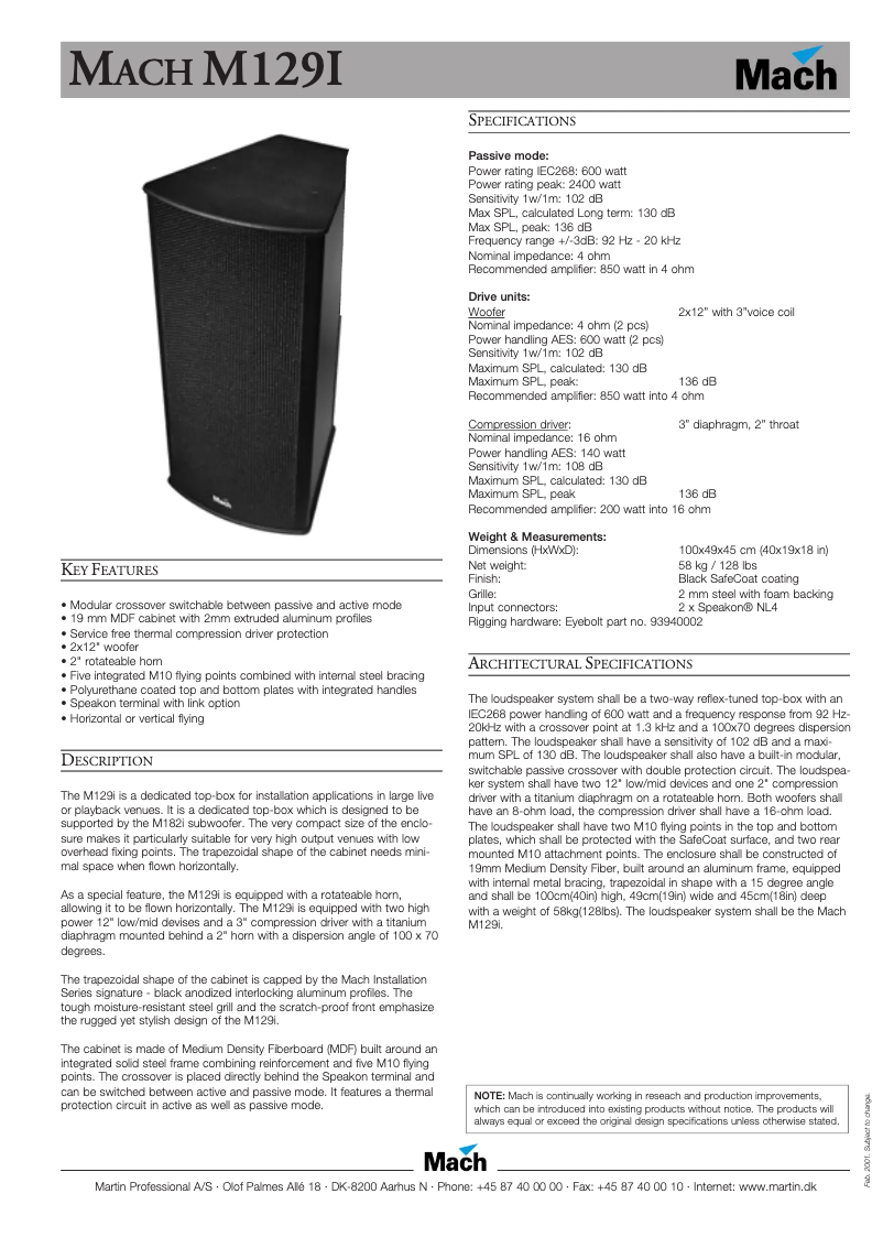 Page n°1 - Fiche technique Martin M129i
