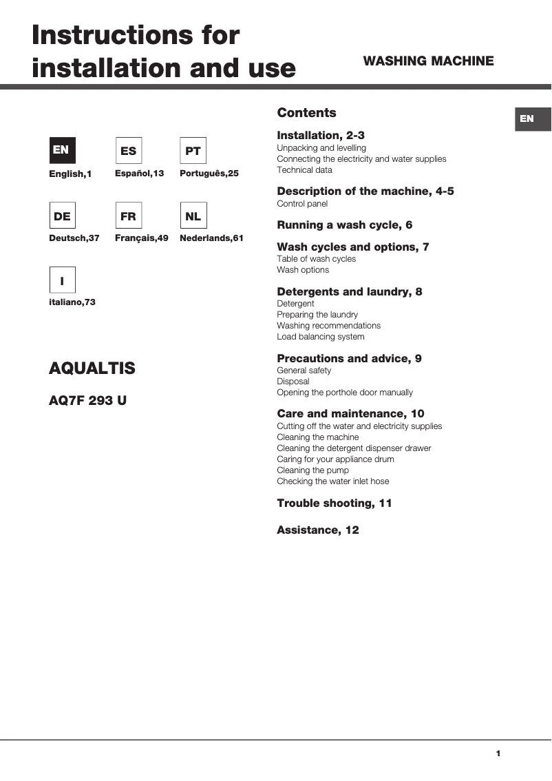 Page 1 de la notice Manuel utilisateur Hotpoint Ariston Aqualtis AQ7F 293 U (EU)