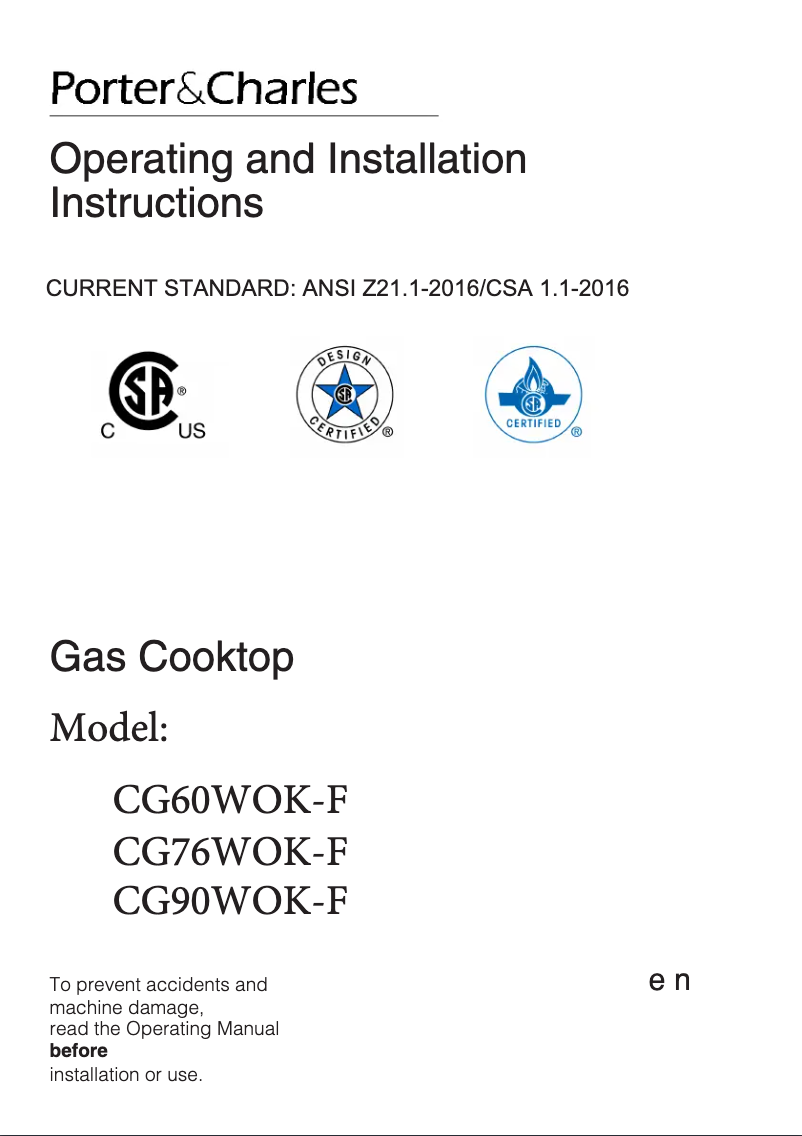 Page n°1 - Manuel utilisateur Porter & Charles CG60WOK-F