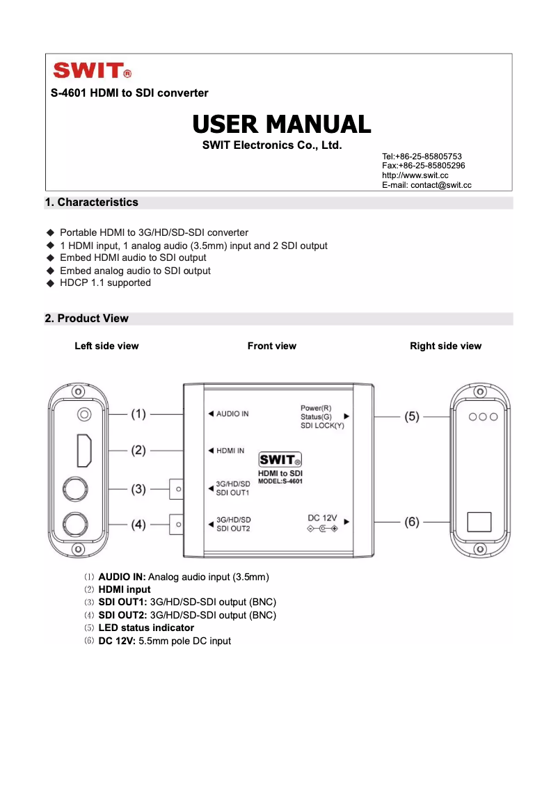 Page 1 de la notice Manuel utilisateur SWIT S-4601