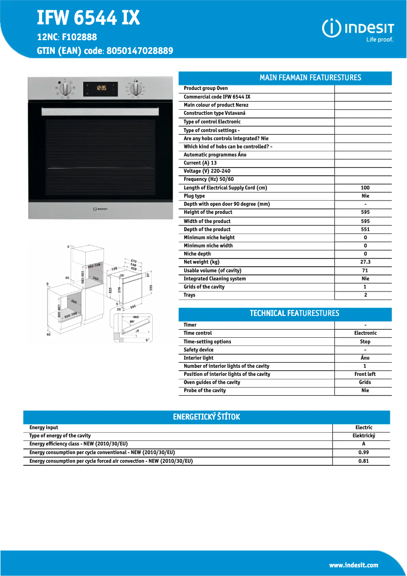 Page 1 de la notice Fiche technique Indesit IFW 6544 IX