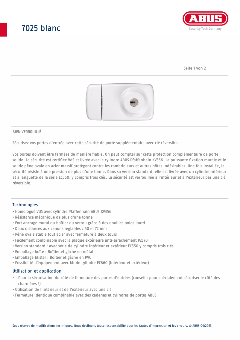 Page 1 de la notice Fiche technique Abus 7025