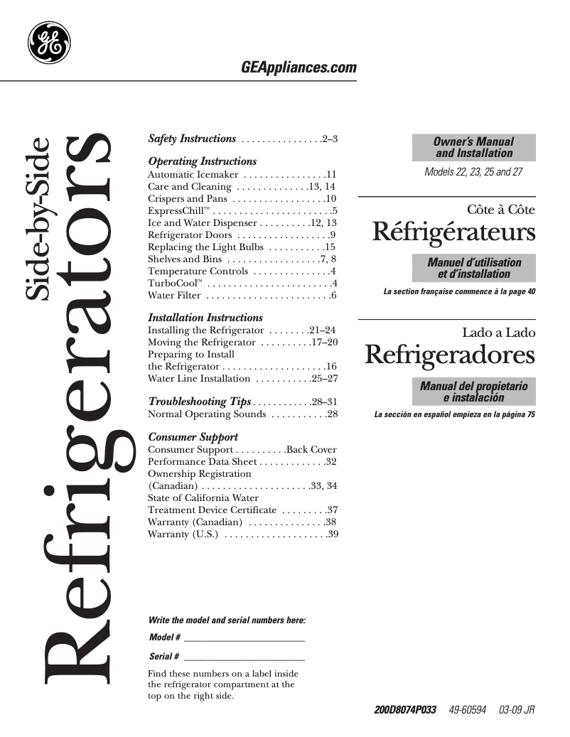 Page n°1 - Manuel d'utilisation et d'entretien GE GSS25KSWSS