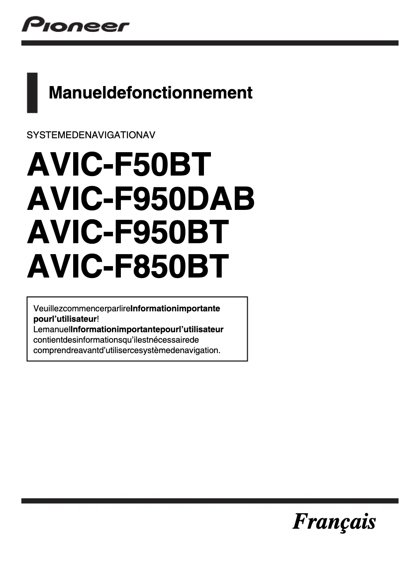 Page n°1 - Manuel utilisateur Pioneer AVIC-F850BT