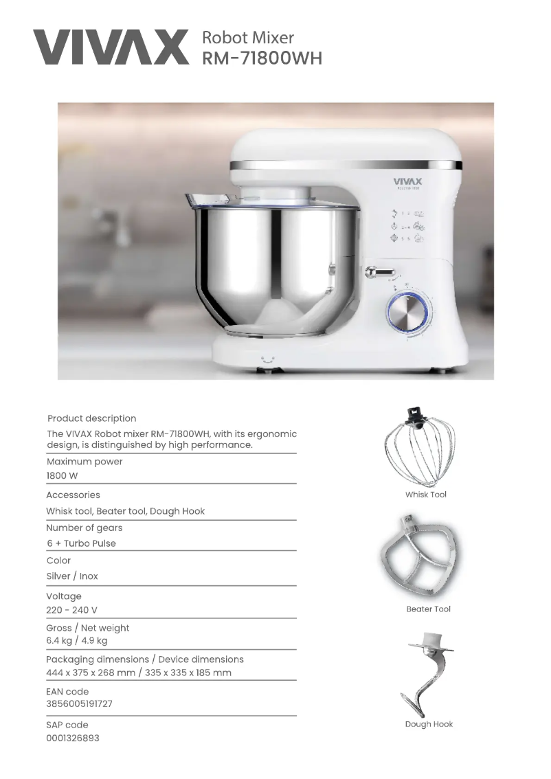 Page 1 de la notice Fiche technique Vivax RM-71800WH