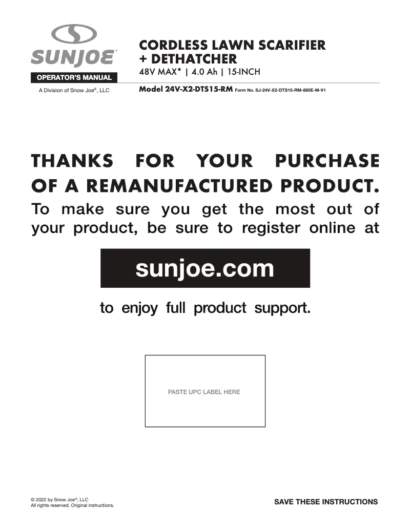 Page n°1 - Manuel utilisateur Sun Joe 24V-X2-DTS15-RM