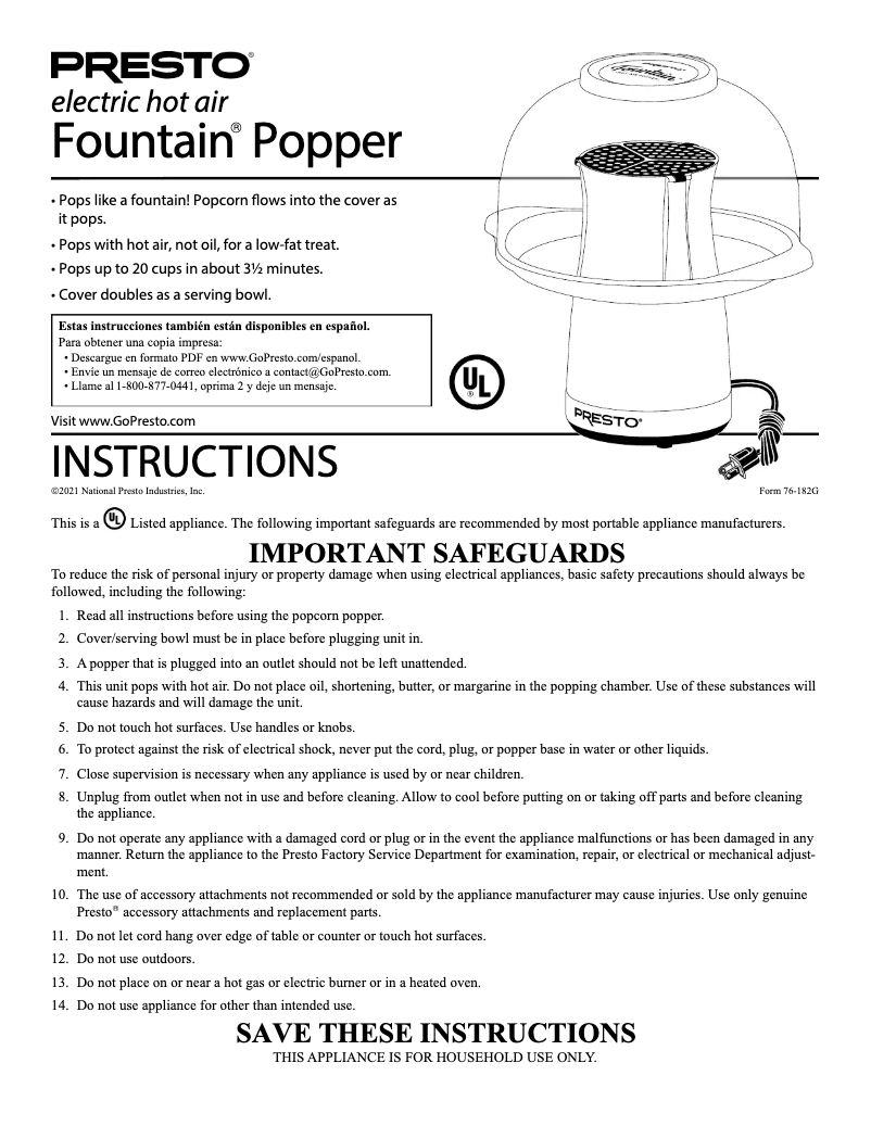 First page image of the manual for Electric Hot Air Fountain Popper 04868