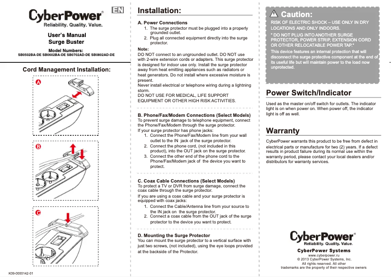 Page 1 de la notice Manuel utilisateur CyberPower SB0602BA-DE-B18