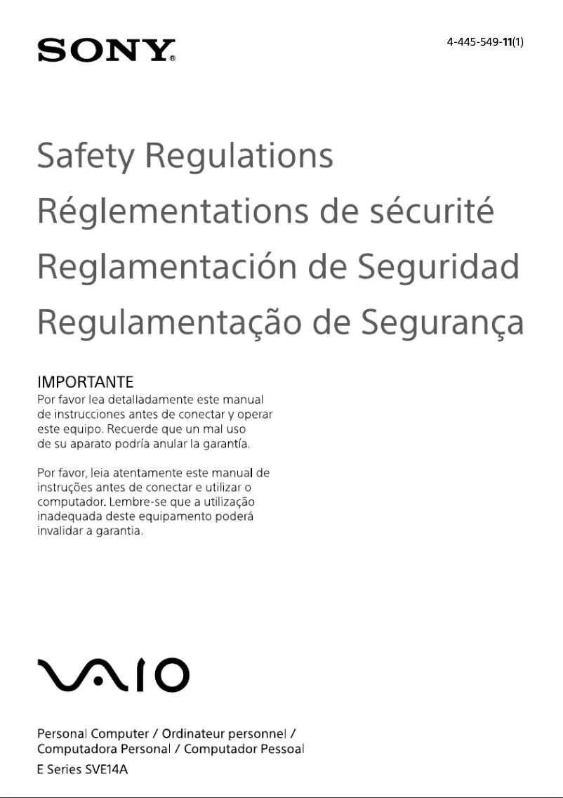 Image de la première page du manuel de l'appareil Vaio SVE14A23CDS
