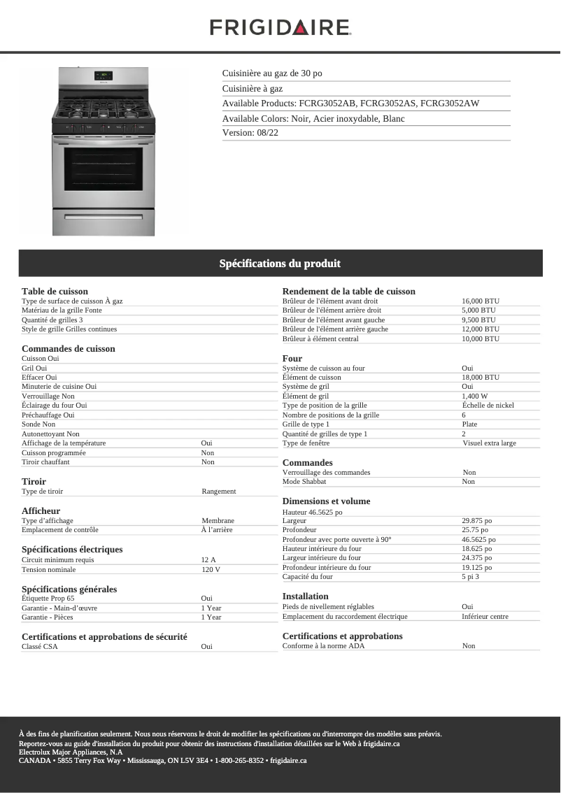 Page 1 de la notice Fiche technique Frigidaire FCRG3052AW