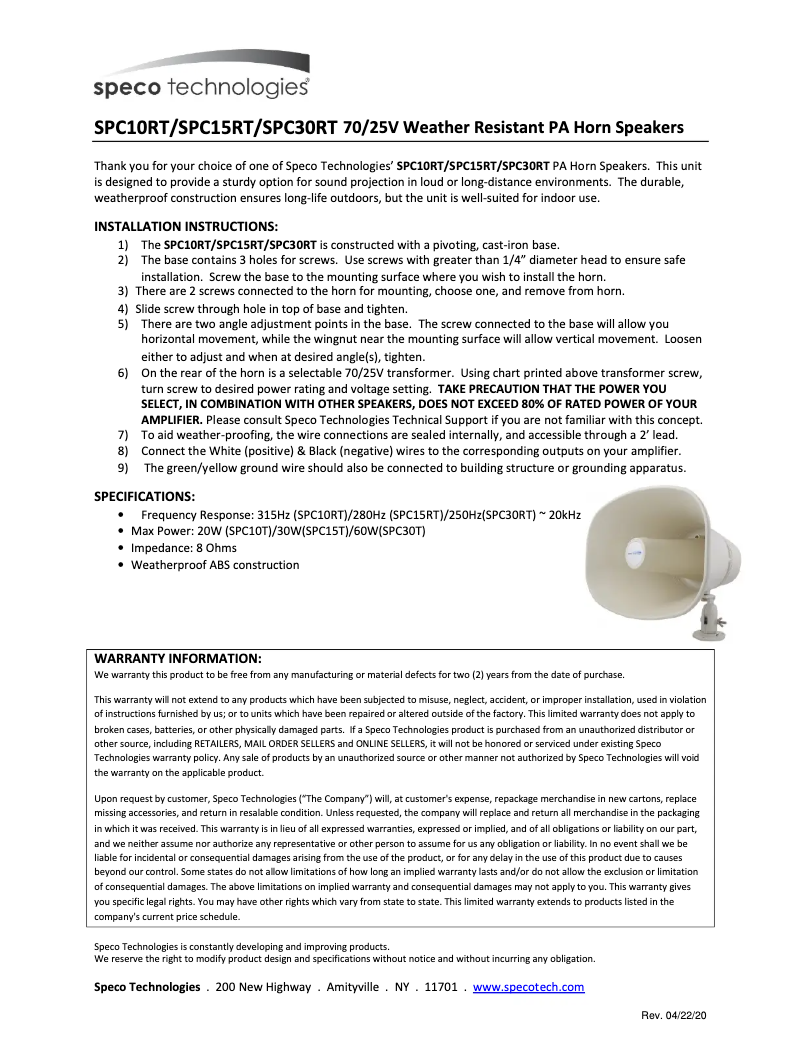 Page 1 de la notice Manuel utilisateur Speco Technologies SPC30RT