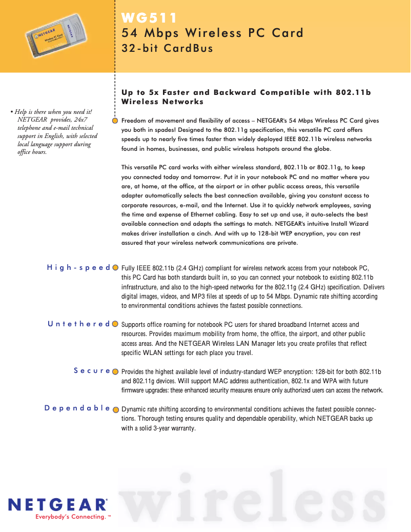 Page 1 de la notice Fiche technique Netgear WG511v1