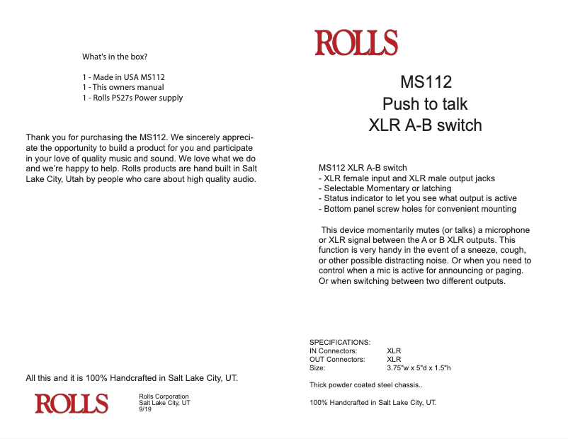 Page n°1 - Manuel utilisateur Rolls MS112