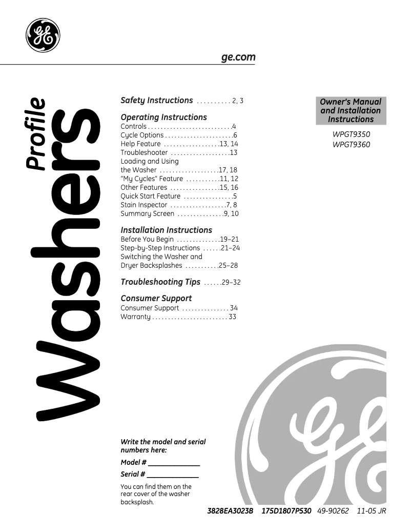 Page 1 de la notice Guide d'installation GE Profile Harmony WPGT9360EWW