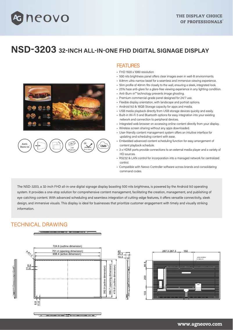 Page 1 de la notice Fiche technique AG Neovo NSD-3203