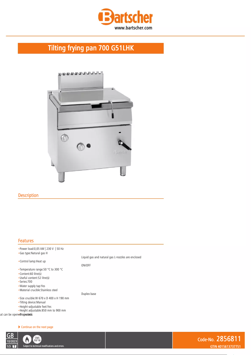 Page 1 de la notice Fiche technique Bartscher 700 G51LHK
