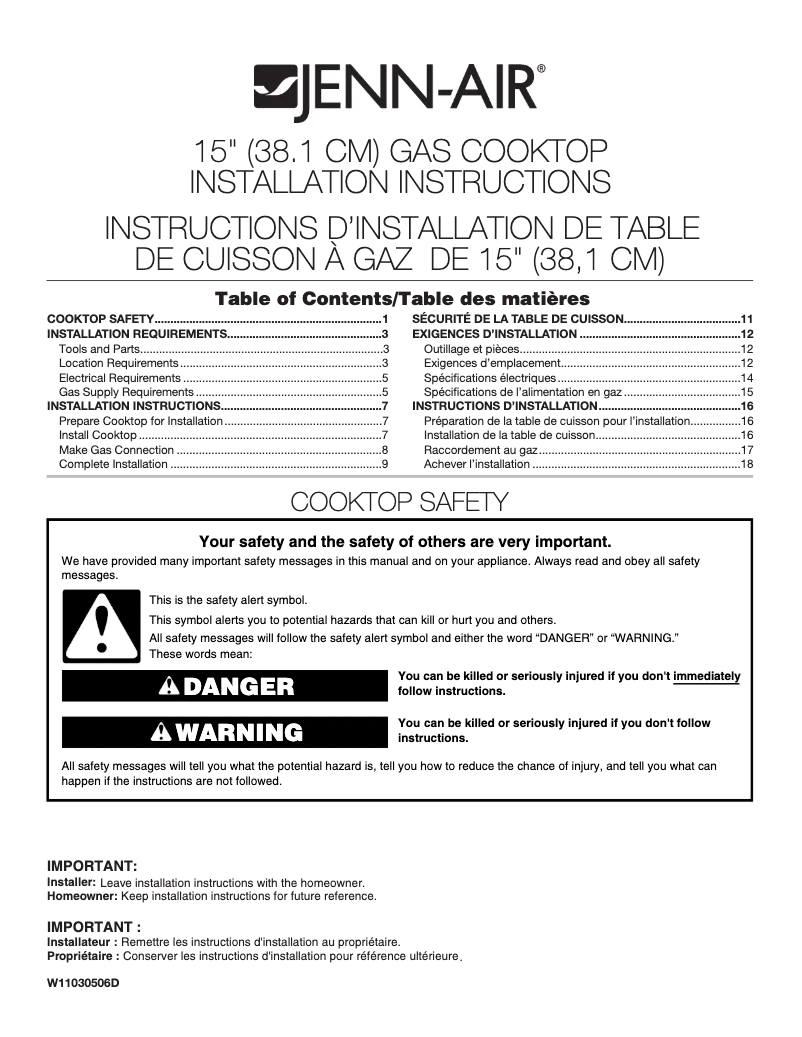 Page n°1 - Guide d'installation Jenn-Air JGC3115GS