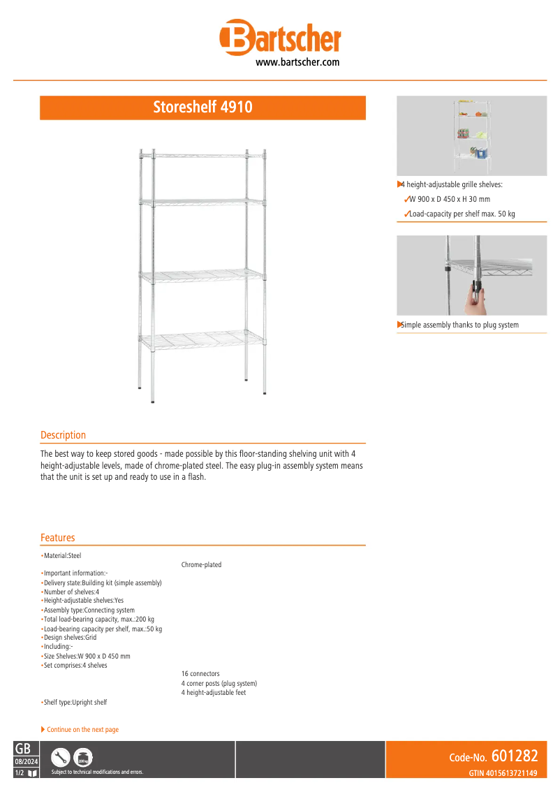 Page 1 de la notice Fiche technique Bartscher 4910