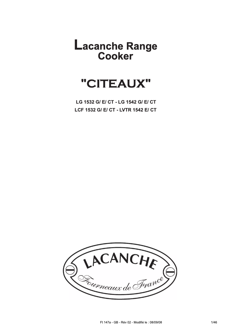 Page 1 de la notice Manuel utilisateur Lacanche LVTR 1542