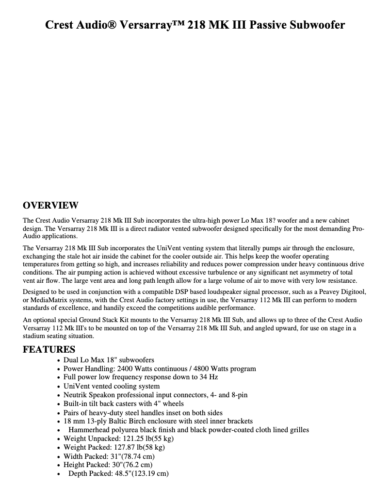 Page 1 de la notice Fiche technique Crest Audio Versarray 218 MKIII