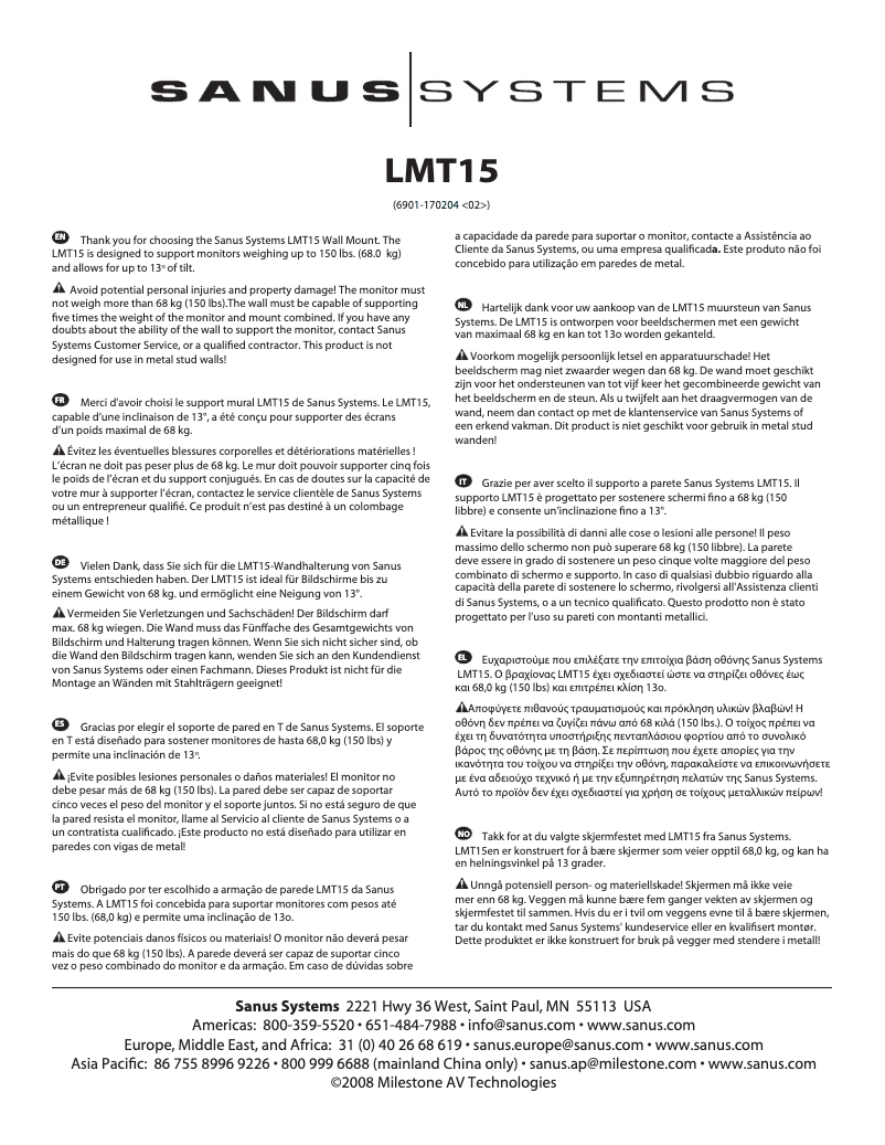 Page n°1 - Manuel utilisateur Sanus LMT15