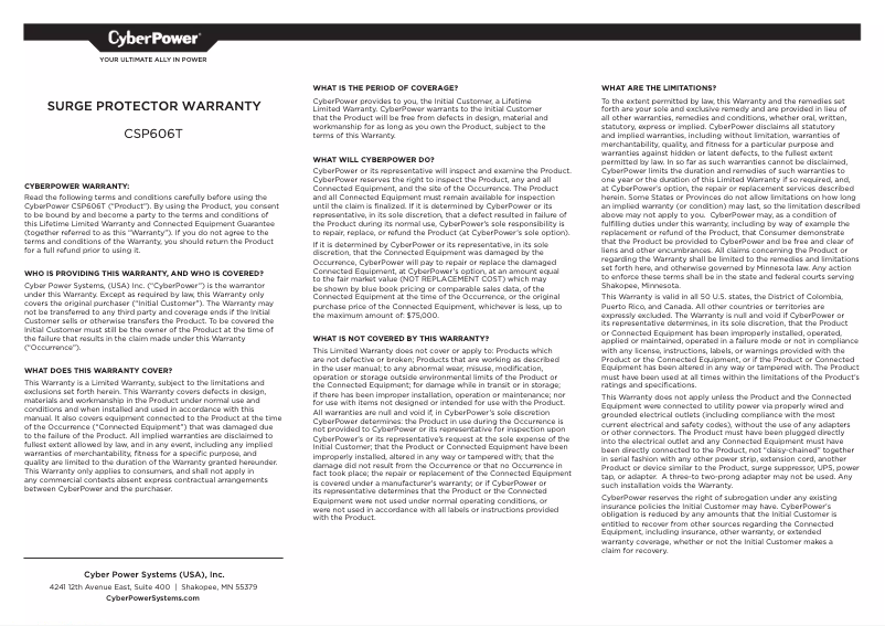 Page 1 de la notice Informations de garantie CyberPower Professional CSP606T
