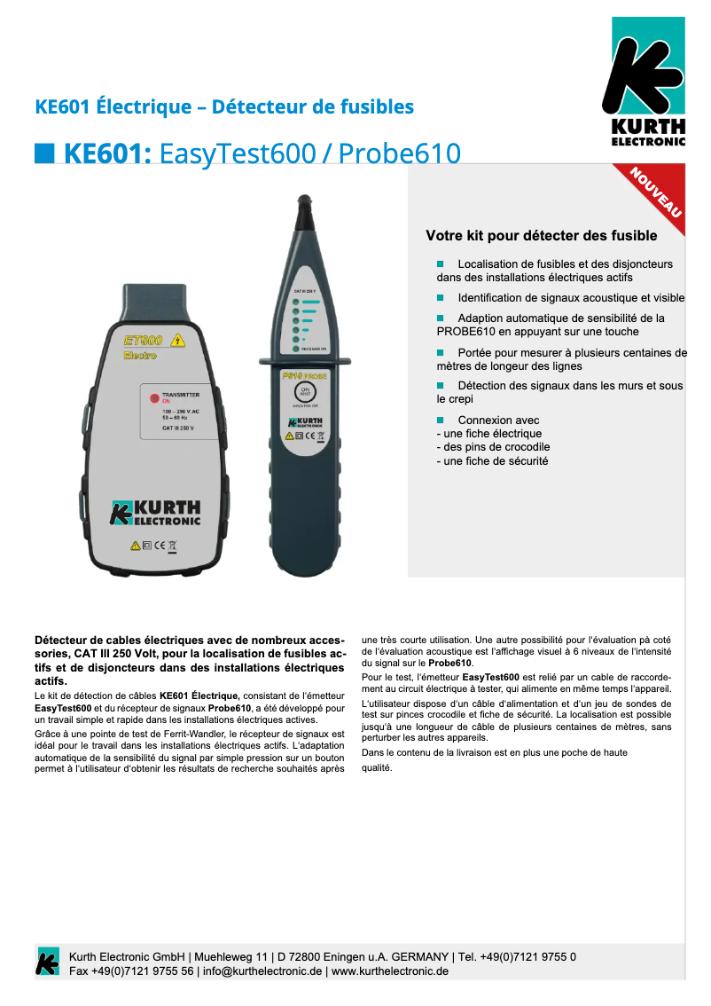 Page 1 de la notice Fiche technique Kurth Electronic KE601
